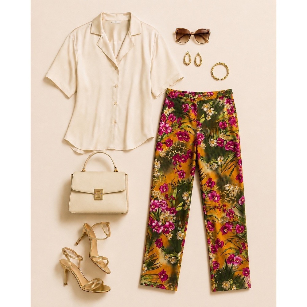 Escada Vintage Women's Tropical Print Slim-Leg, Cotton-Blend, Ankle Pants UK 38